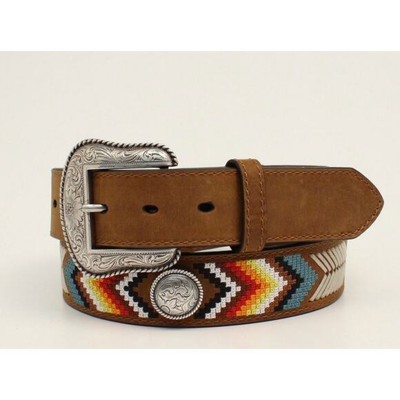 Nocona Men's Sz 38 Brown Leather Southwest Embroidered Concho Belt - Picture 3 of 4